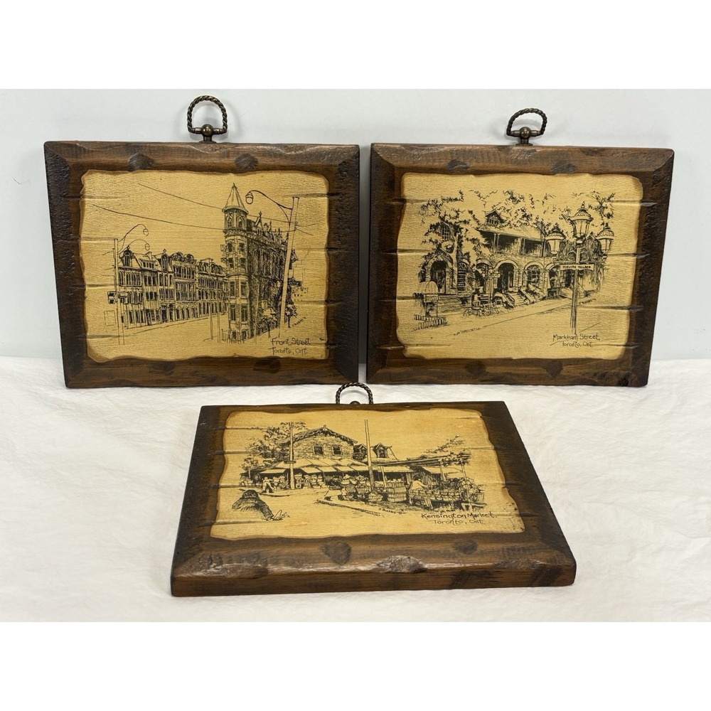 Vtg Wooden Wall Hangings *set Of 3* Toronto Canada MCM Kensington Markham Front